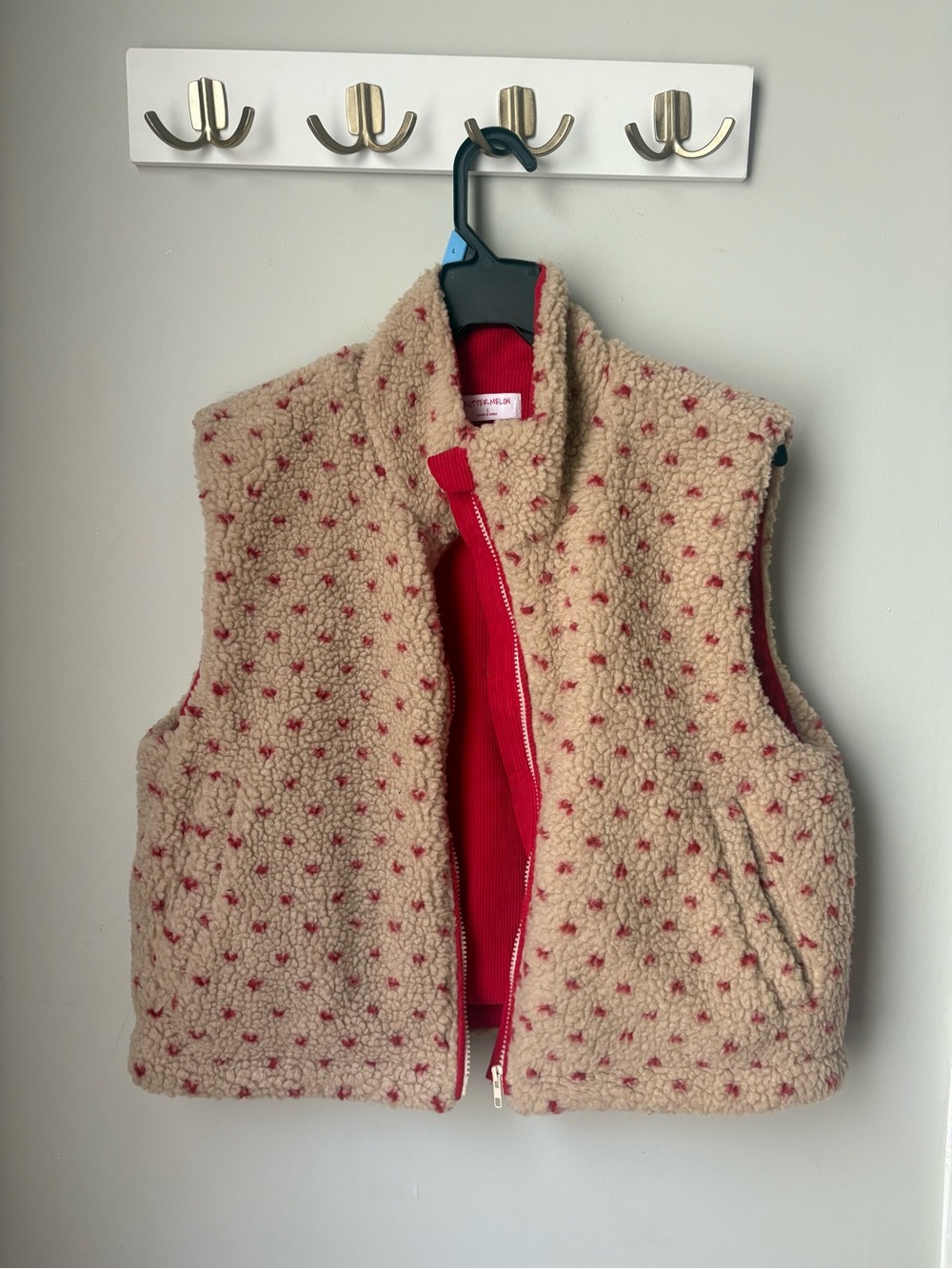 Kids Sherpa Vest in Cream with Red Accents